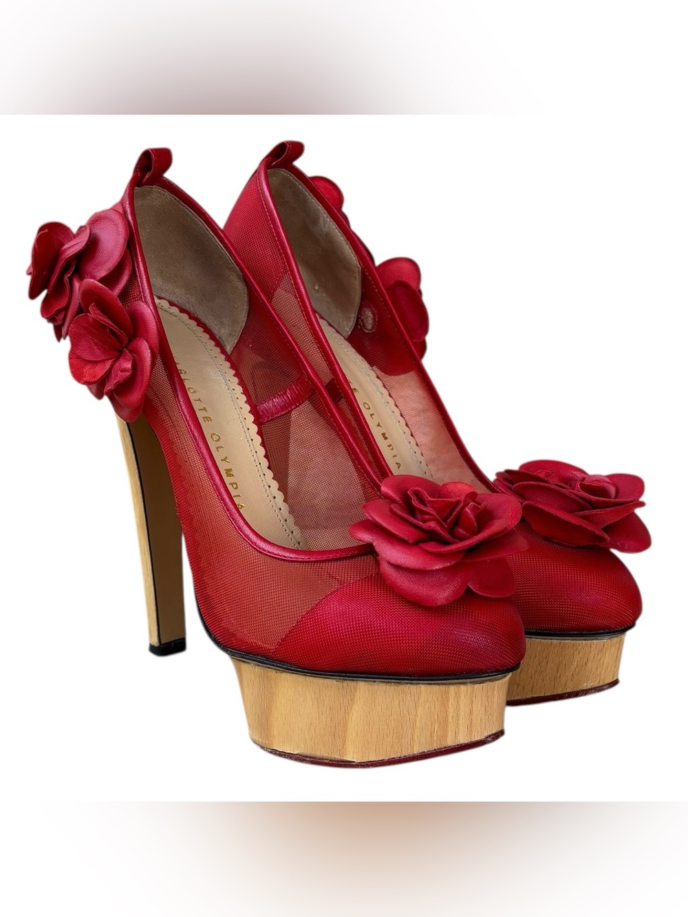 🌹CHARLOTTE OLYMPIA Red Mesh w/ Leather Roses Platform Heels🌹